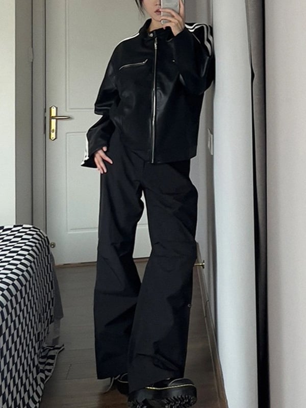 PU bőrhatású női utcai stílusú kabát, álló gallérral, csíkos mintával, cipzáras zárás