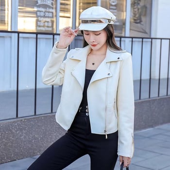 Jachetă de piele pentru femei cu guler polo, fermoar, croială scurtă, piele artificială