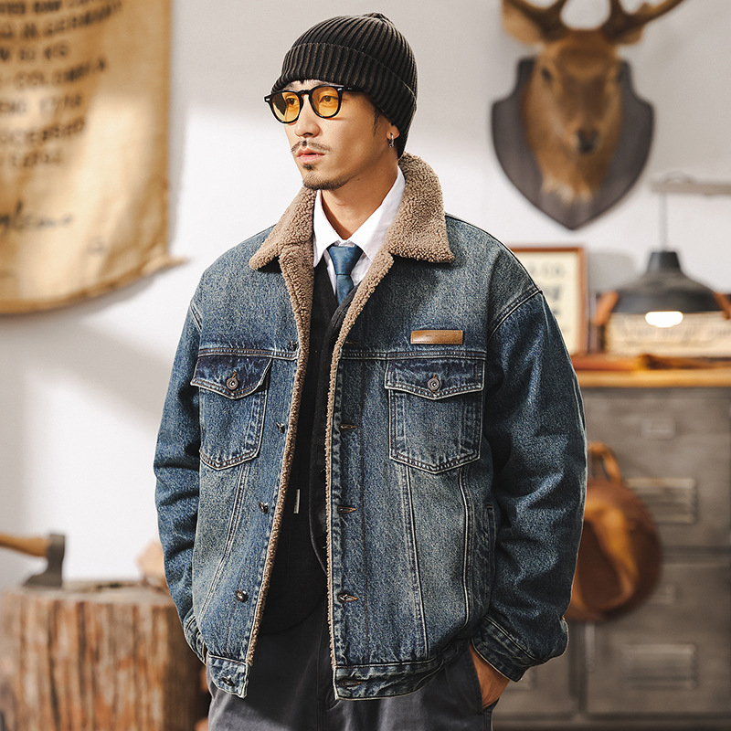 Američka retro denim jakna s ovčjim plišem i debelim pamukom punjenjem