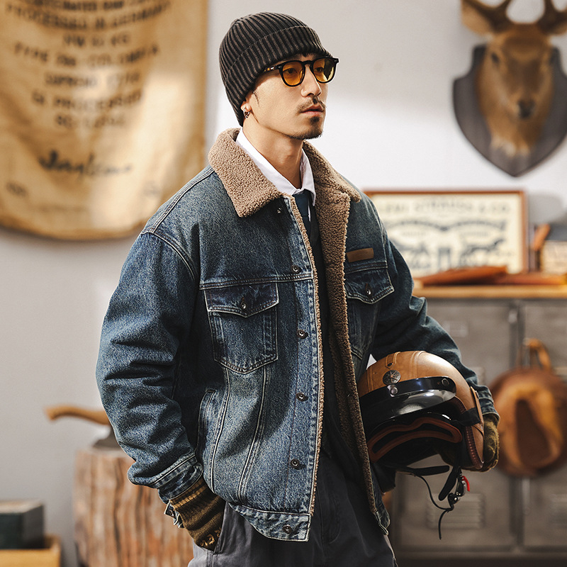 Američka retro denim jakna s ovčjim plišem i debelim pamukom punjenjem