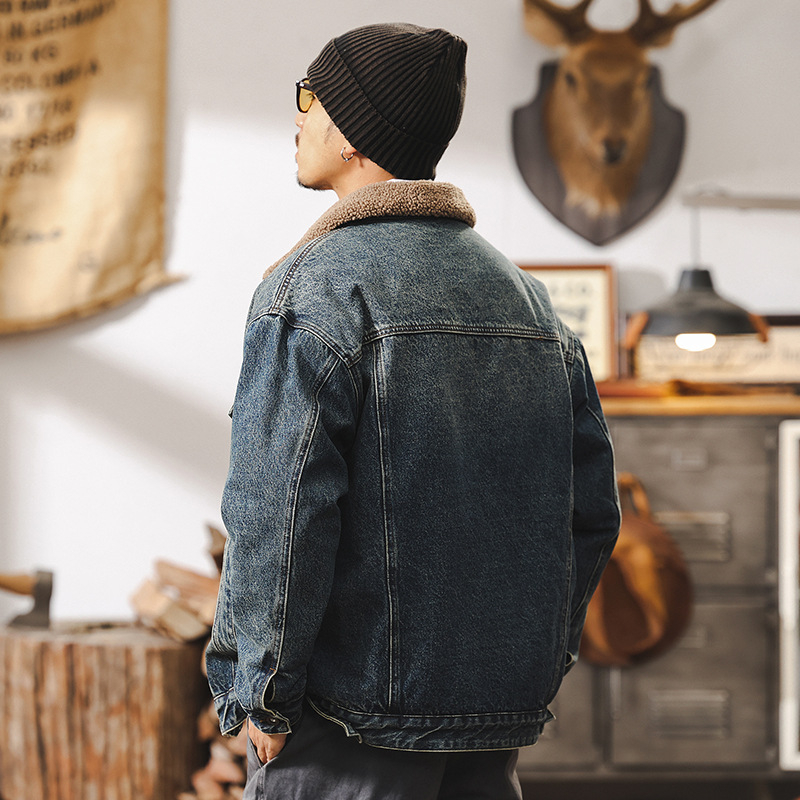 Američka retro denim jakna s ovčjim plišem i debelim pamukom punjenjem