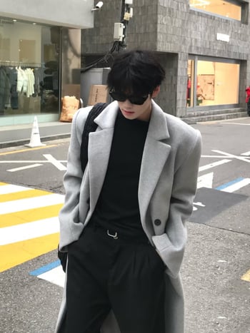 Palton din lână în stil coreean pentru bărbați, peste genunchi, nasturi dubli, croială lejeră, unicolor, amestec poliester 71-85%