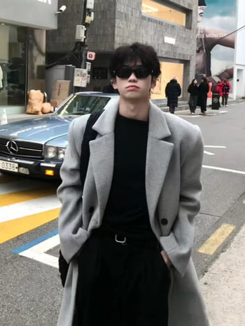 Palton din lână în stil coreean pentru bărbați, peste genunchi, nasturi dubli, croială lejeră, unicolor, amestec poliester 71-85%