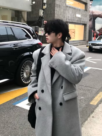 Palton din lână în stil coreean pentru bărbați, peste genunchi, nasturi dubli, croială lejeră, unicolor, amestec poliester 71-85%