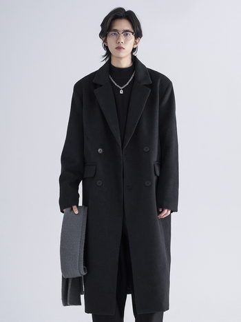 Palton din lână în stil coreean pentru bărbați, peste genunchi, nasturi dubli, croială lejeră, unicolor, amestec poliester 71-85%