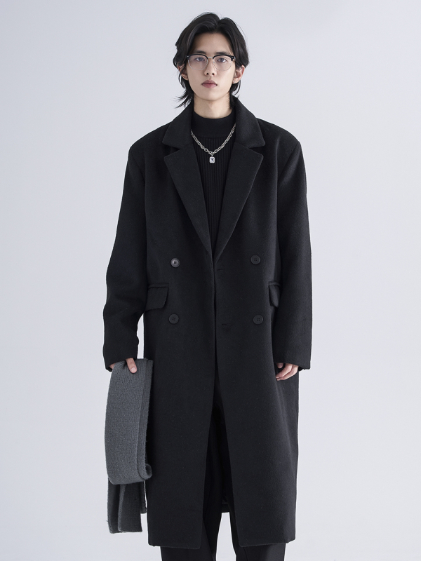 Palton din lână în stil coreean pentru bărbați, peste genunchi, nasturi dubli, croială lejeră, unicolor, amestec poliester 71-85%