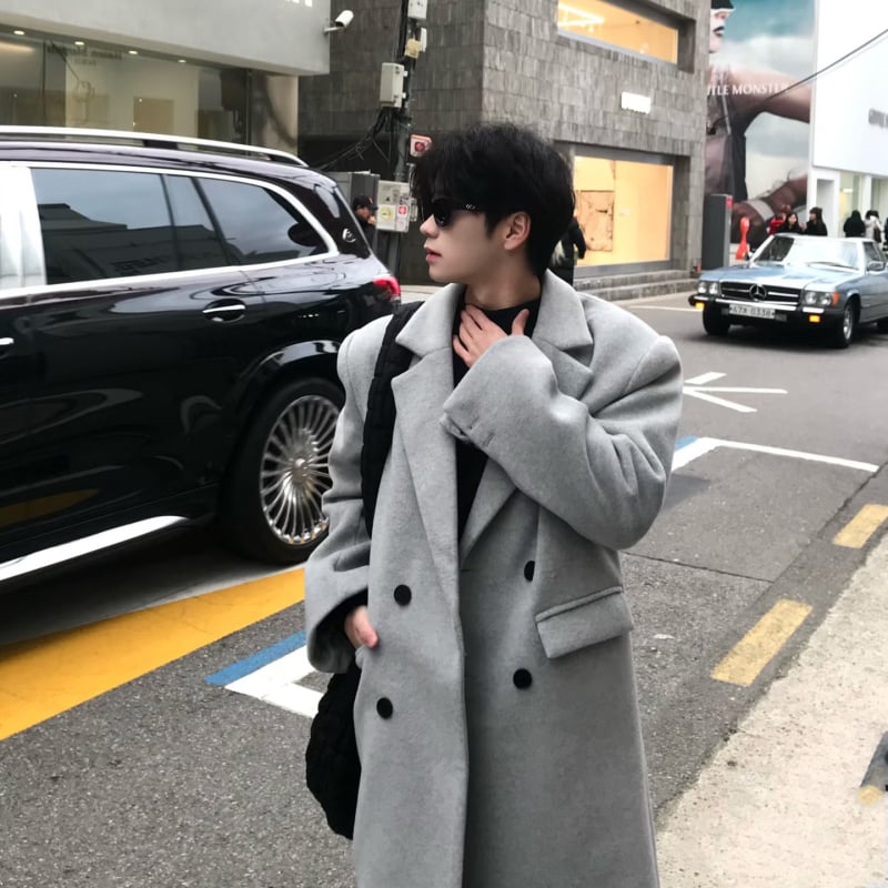 Palton din lână în stil coreean pentru bărbați, peste genunchi, nasturi dubli, croială lejeră, unicolor, amestec poliester 71-85%