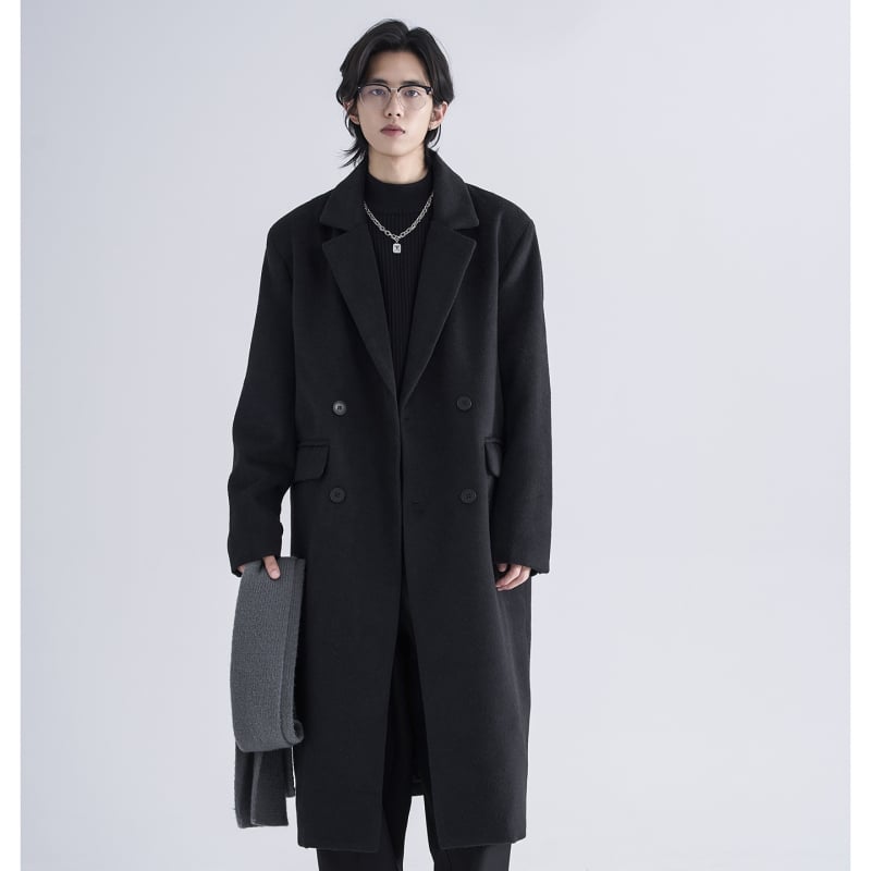 Palton din lână în stil coreean pentru bărbați, peste genunchi, nasturi dubli, croială lejeră, unicolor, amestec poliester 71-85%