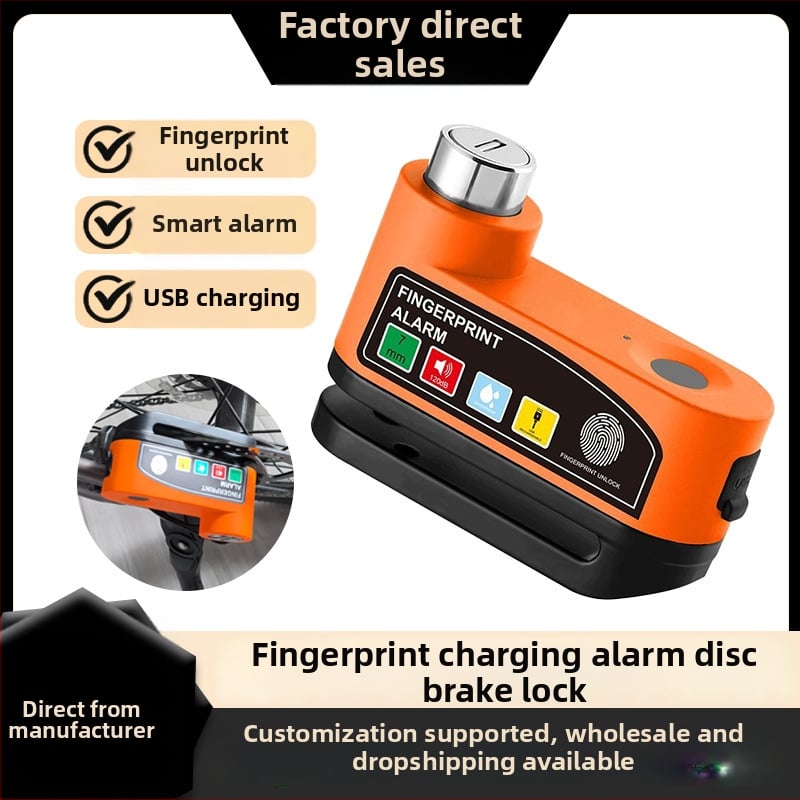 Biometrijski disk-zaključavač s alarmom za bicikle i motocikle, model Fingerprint charging alarm disc brake lock, marka Qinghui, materijal: aluminijska legura, opseg primjene: bicikli, motocikli, električna vozila, težina: 500, prilagodba: Da