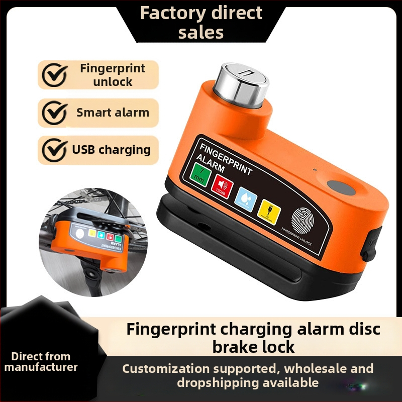 Biometrijski disk-zaključavač s alarmom za bicikle i motocikle, model Fingerprint charging alarm disc brake lock, marka Qinghui, materijal: aluminijska legura, opseg primjene: bicikli, motocikli, električna vozila, težina: 500, prilagodba: Da