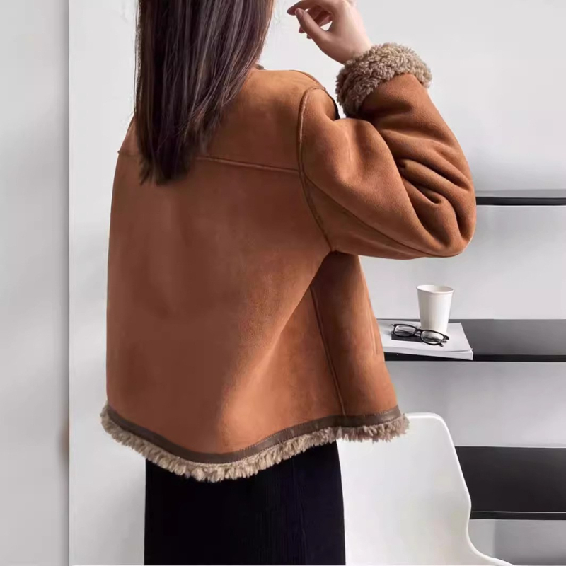 Jachetă din piele artificială cu căptușeală din lână de miel, lungime scurtă de iarnă, guler rever, croială lejeră, mâneci lungi