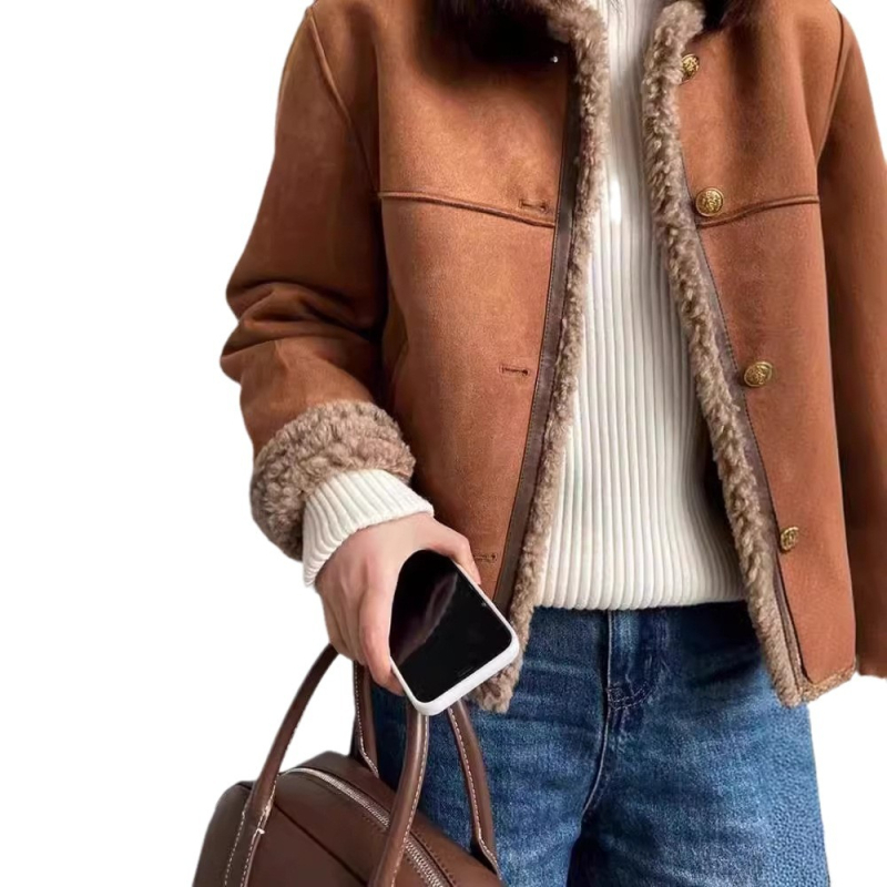 Jachetă din piele artificială cu căptușeală din lână de miel, lungime scurtă de iarnă, guler rever, croială lejeră, mâneci lungi