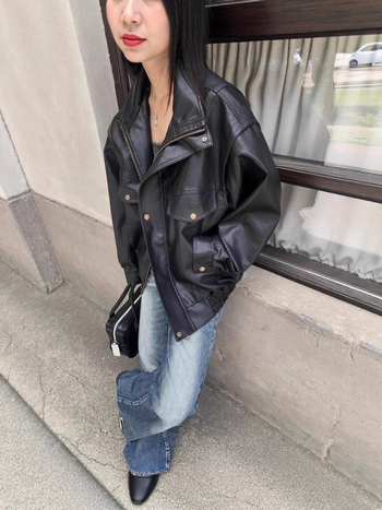 Jachetă din piele PU, guler înalt, închidere cu fermoar, mâneci Raglan, croială lejeră