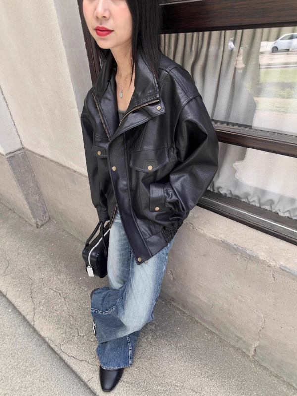 Jachetă din piele PU, guler înalt, închidere cu fermoar, mâneci Raglan, croială lejeră