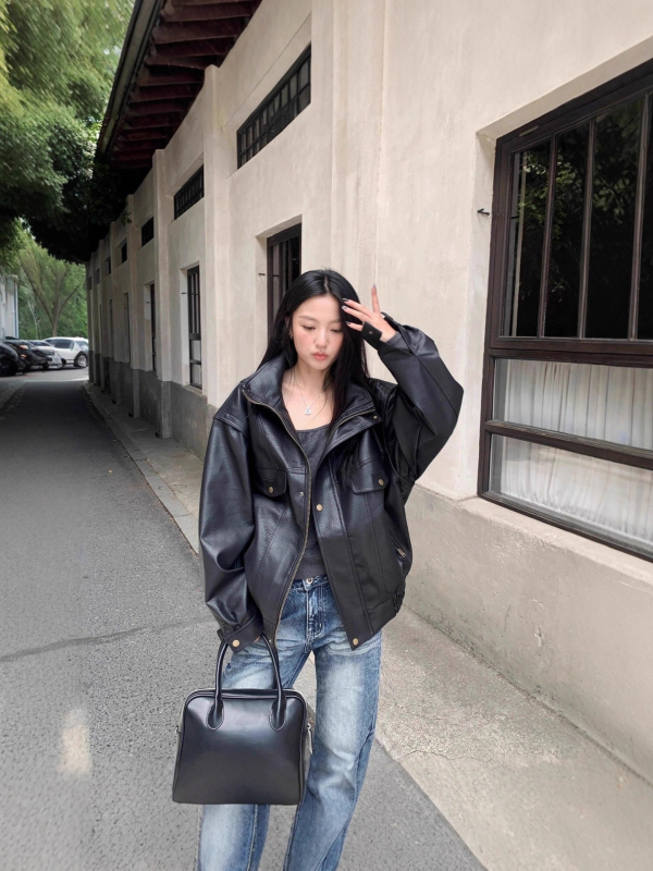 Jachetă din piele PU, guler înalt, închidere cu fermoar, mâneci Raglan, croială lejeră