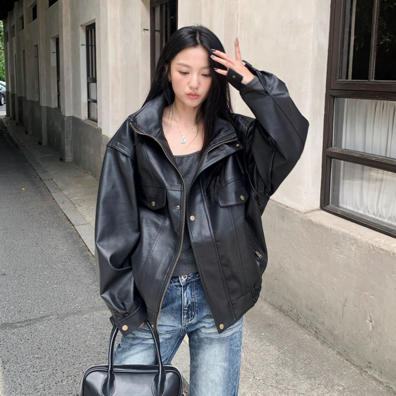 Jachetă din piele PU, guler înalt, închidere cu fermoar, mâneci Raglan, croială lejeră