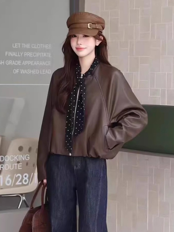 PU kožna jakna u korejskom stilu, okrugli izrez, zatvarač sprijeda, labav kroj, jesen 2025, casual stil