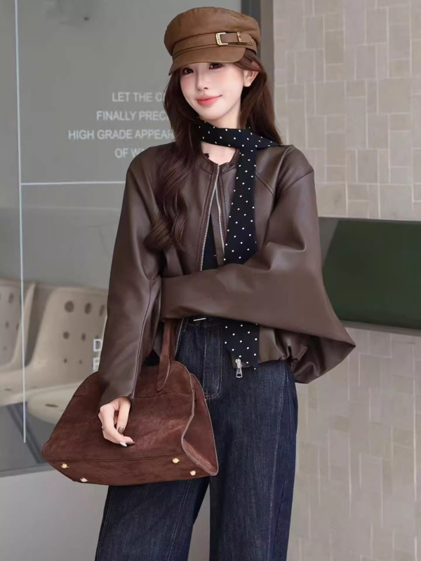 PU kožna jakna u korejskom stilu, okrugli izrez, zatvarač sprijeda, labav kroj, jesen 2025, casual stil