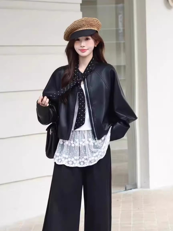 PU kožna jakna u korejskom stilu, okrugli izrez, zatvarač sprijeda, labav kroj, jesen 2025, casual stil