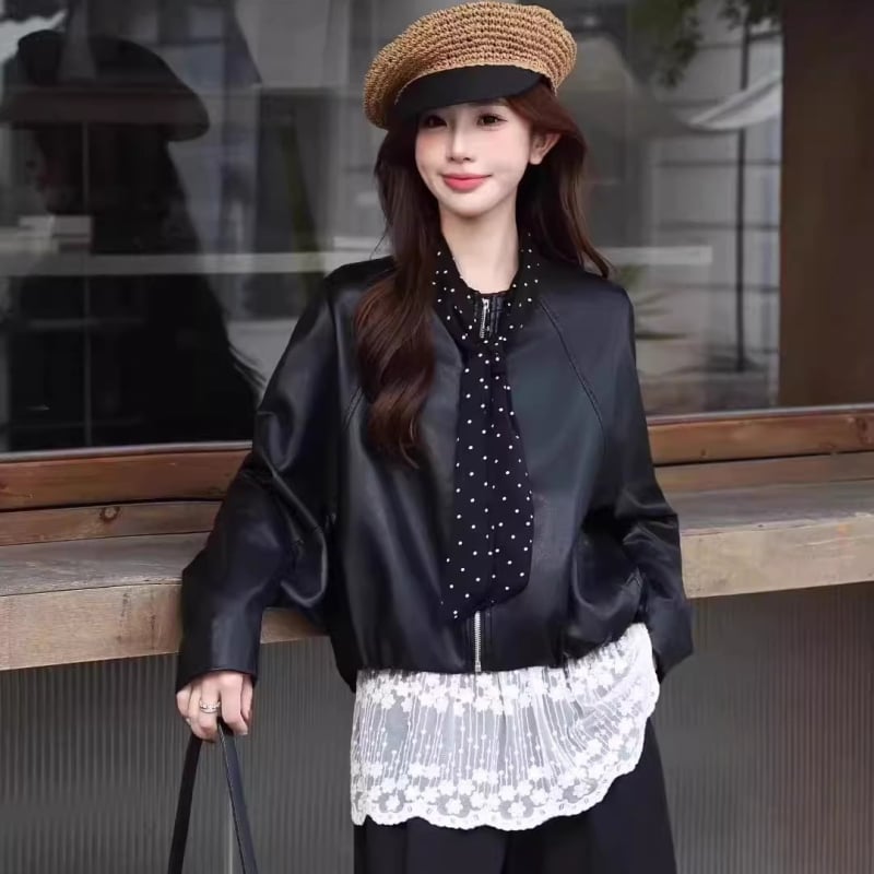 PU kožna jakna u korejskom stilu, okrugli izrez, zatvarač sprijeda, labav kroj, jesen 2025, casual stil