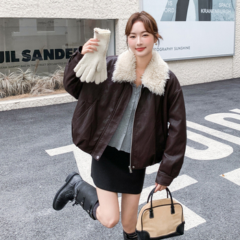 Jachetă din PU imitatie de piele cu rever și guler din blană artificială, fermoar, poliester, Iarna 2025