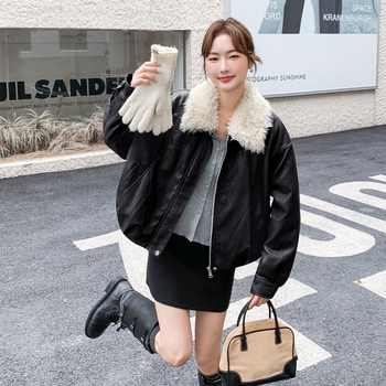 Jachetă din PU imitatie de piele cu rever și guler din blană artificială, fermoar, poliester, Iarna 2025