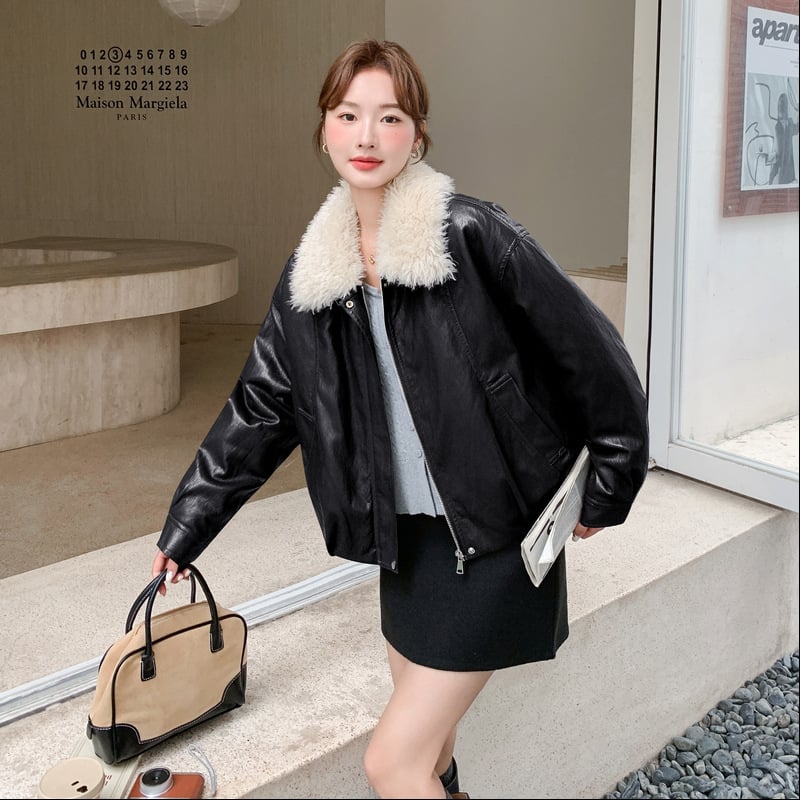 Jachetă din PU imitatie de piele cu rever și guler din blană artificială, fermoar, poliester, Iarna 2025