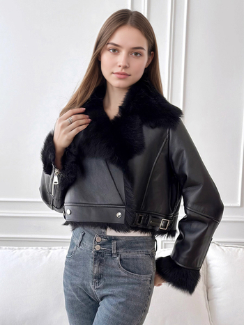 Ženska kratka jakna s umjetnom lisicom na ovratniku, fleece podstava, topla, elegantan britanski stil