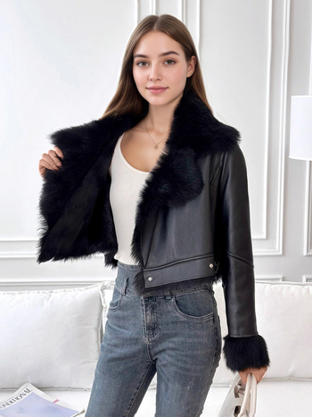 Ženska kratka jakna s umjetnom lisicom na ovratniku, fleece podstava, topla, elegantan britanski stil