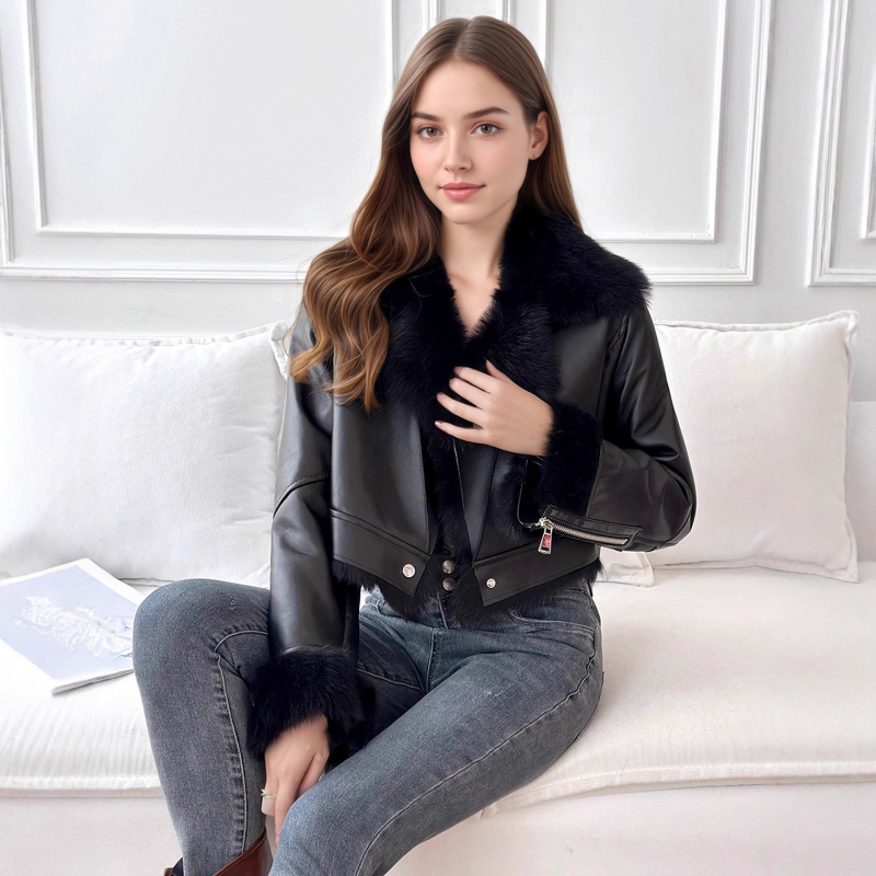 Ženska kratka jakna s umjetnom lisicom na ovratniku, fleece podstava, topla, elegantan britanski stil