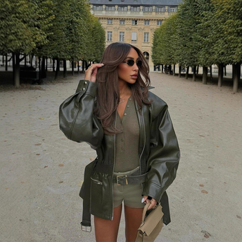 Jachetă din piele artificială, stil motocicletă, talie cu curea, rever lapel, fermoar, mâneci lungi