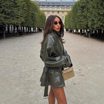 Jachetă din piele artificială, stil motocicletă, talie cu curea, rever lapel, fermoar, mâneci lungi