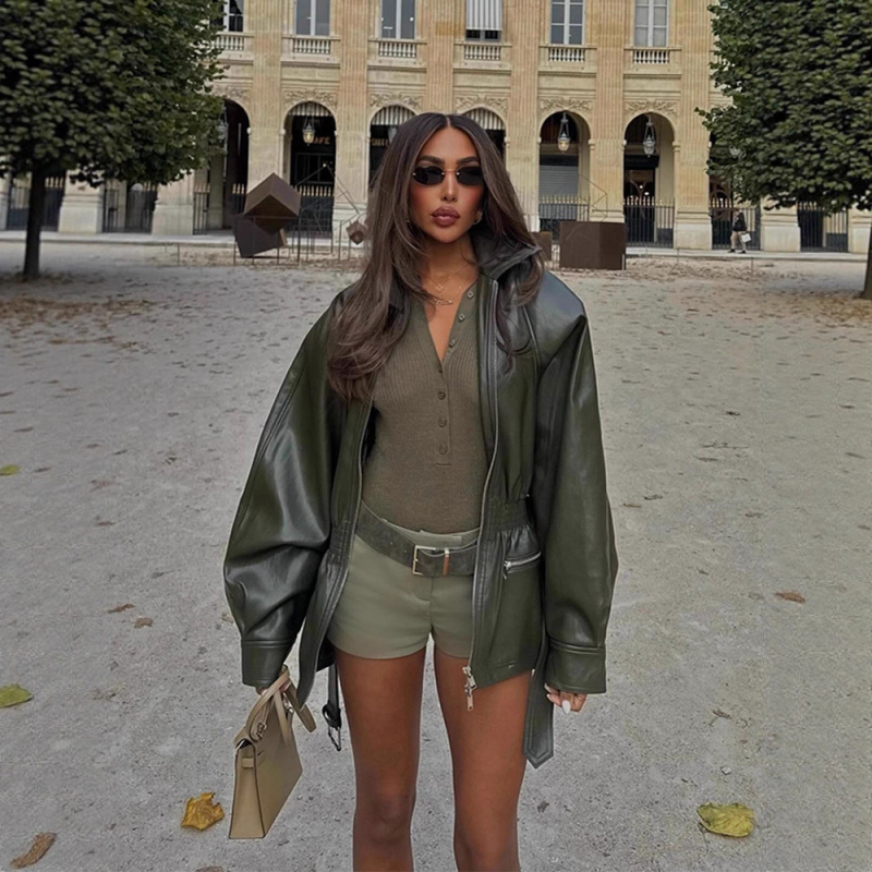 Jachetă din piele artificială, stil motocicletă, talie cu curea, rever lapel, fermoar, mâneci lungi