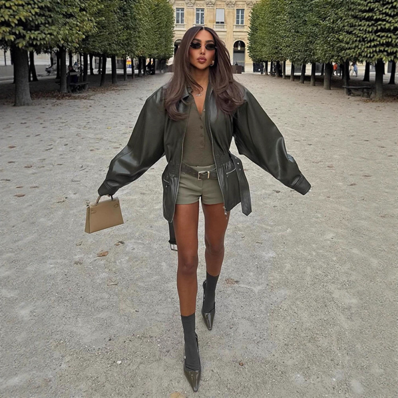 Jachetă din piele artificială, stil motocicletă, talie cu curea, rever lapel, fermoar, mâneci lungi