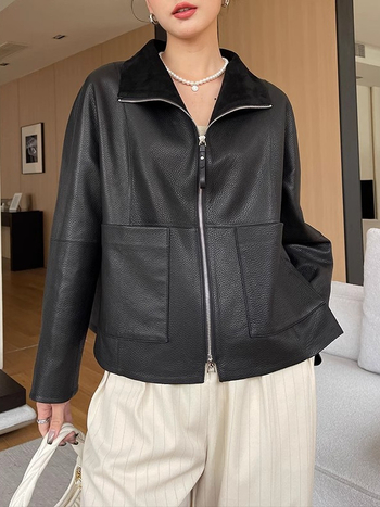 Jachetă din piele de miel naturală cu textură granulată, guler pătrat, mâneci lungi, fermoar, toamnă 2025