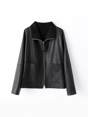 Jachetă din piele de miel naturală cu textură granulată, guler pătrat, mâneci lungi, fermoar, toamnă 2025