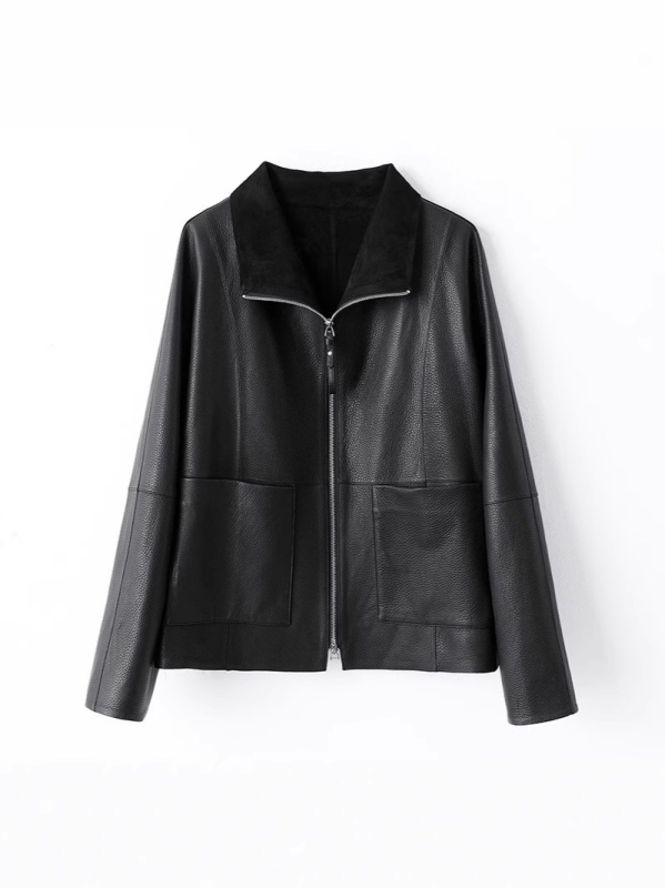 Jachetă din piele de miel naturală cu textură granulată, guler pătrat, mâneci lungi, fermoar, toamnă 2025