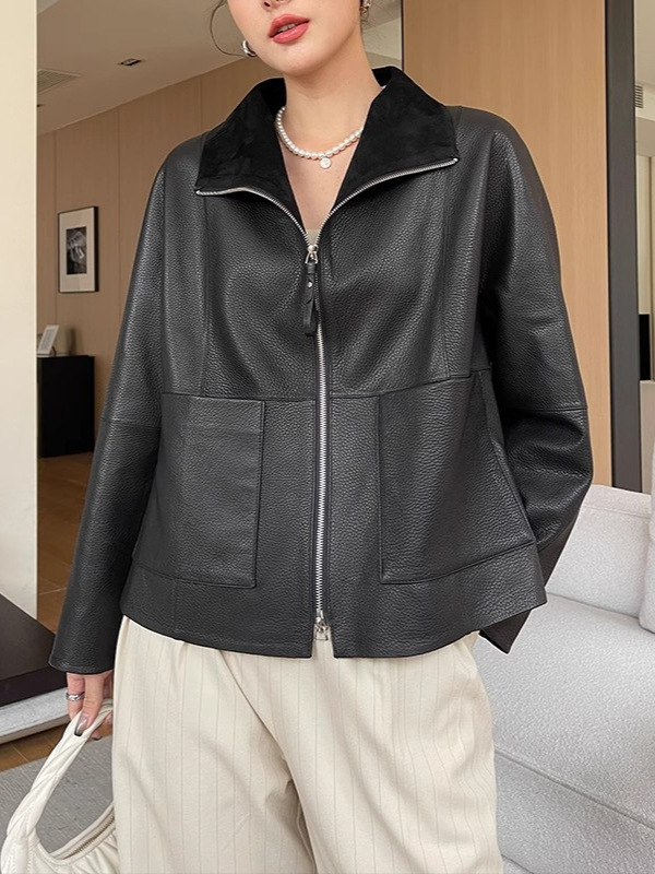 Jachetă din piele de miel naturală cu textură granulată, guler pătrat, mâneci lungi, fermoar, toamnă 2025