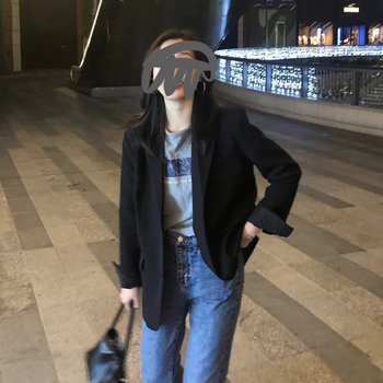 Γυναικείο μπλέιζερ, χαλαρή γραμμή, πόλο γιακά, μακριά μανίκια, μονό κουμπί, ύφασμα σπάντεξ