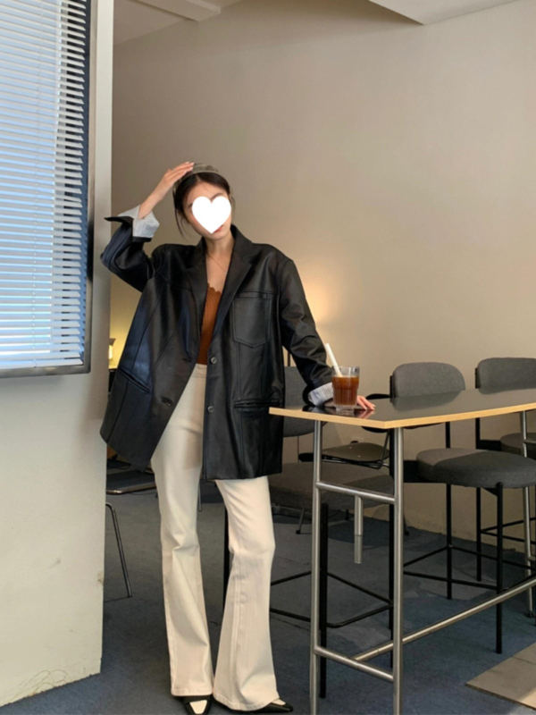 Ženska PU kožna jakna, slobodan kroj, sakó ovratnik, jednostruko kopčanje, jesen 2025