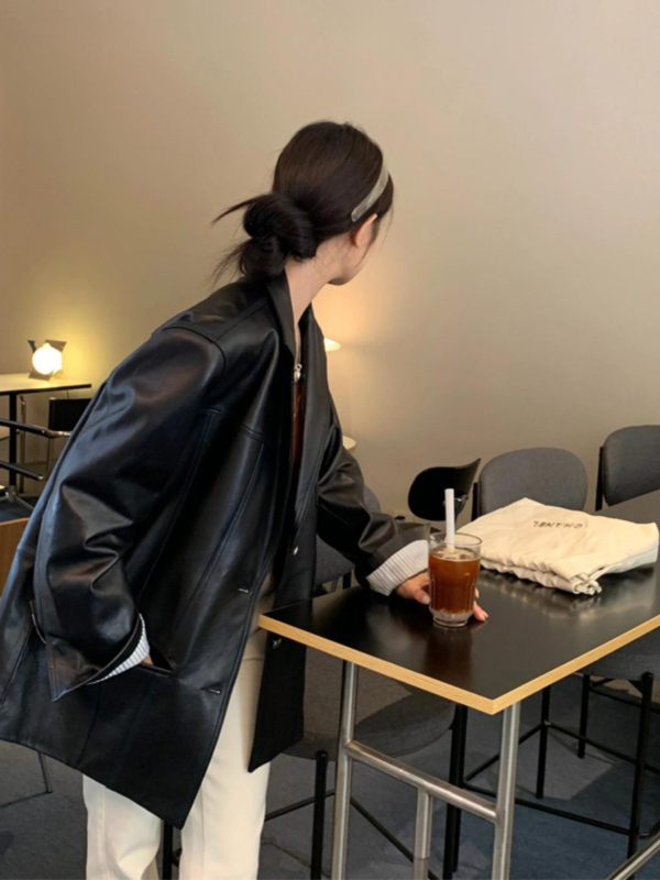 Ženska PU kožna jakna, slobodan kroj, sakó ovratnik, jednostruko kopčanje, jesen 2025