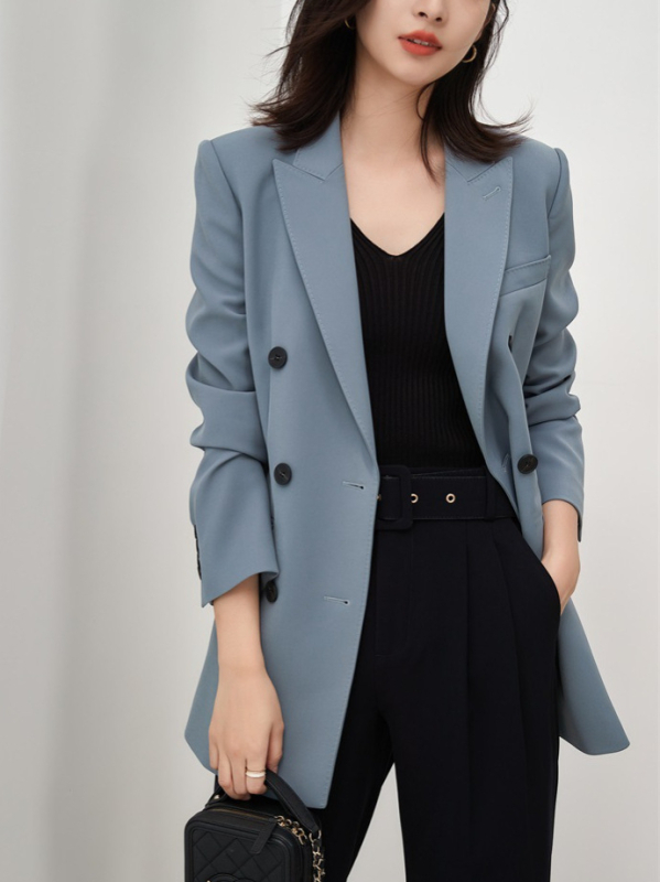Ženski sako slim-fit s dvostrukim kopčanjem, poliester s elastanom, ovratnik sakoe, gradski stil