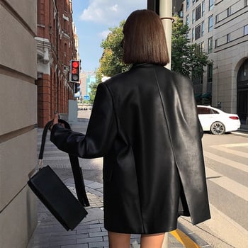 Kožna jakna od umjetne kože s ovratnikom stila sakoa, jesen 2025, imitacija kože, prednje zatvaranje s dva gumba, dugi rukavi