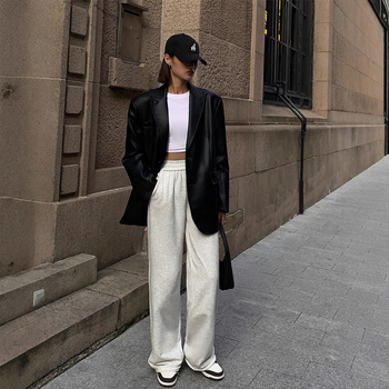 Kožna jakna od umjetne kože s ovratnikom stila sakoa, jesen 2025, imitacija kože, prednje zatvaranje s dva gumba, dugi rukavi