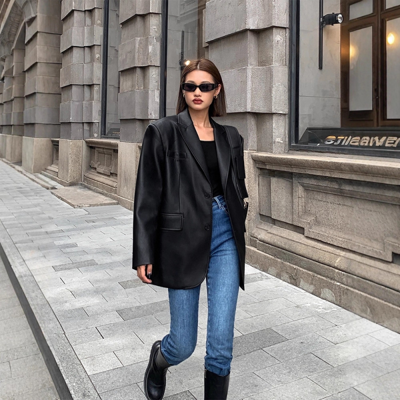 Kožna jakna od umjetne kože s ovratnikom stila sakoa, jesen 2025, imitacija kože, prednje zatvaranje s dva gumba, dugi rukavi