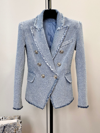 Ženski tweed sako s polka-dot uzorkom, dvostruko kopčanje, uski kroj, pamukova smjesa tkanine
