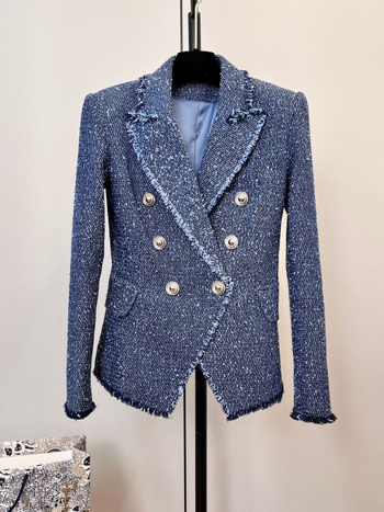 Ženski tweed sako s polka-dot uzorkom, dvostruko kopčanje, uski kroj, pamukova smjesa tkanine