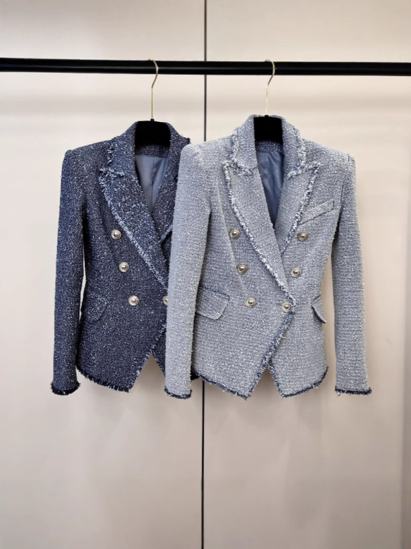Ženski tweed sako s polka-dot uzorkom, dvostruko kopčanje, uski kroj, pamukova smjesa tkanine