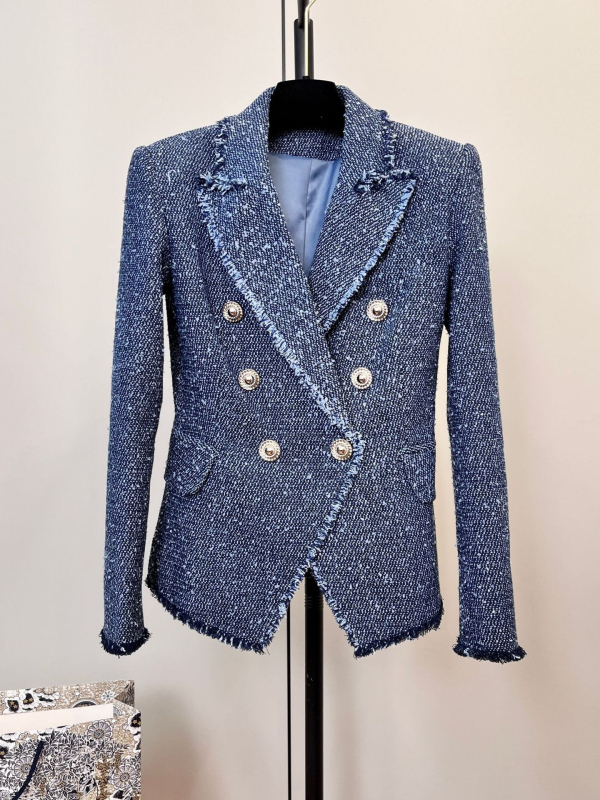Ženski tweed sako s polka-dot uzorkom, dvostruko kopčanje, uski kroj, pamukova smjesa tkanine
