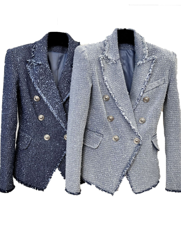 Ženski tweed sako s polka-dot uzorkom, dvostruko kopčanje, uski kroj, pamukova smjesa tkanine
